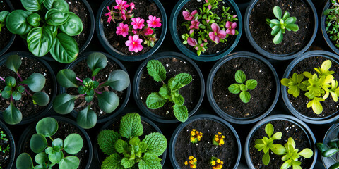flower seedlings in plastic plant pots with young sprouts. top view - Powered by Adobe