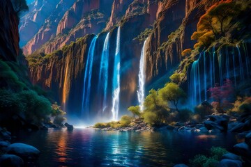 Within an astral canyon, the cliffs are adorned with cascading waterfalls of shimmering stardust.

