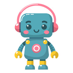 Cheerful funny cartoon children's robot. Cute cyborg, futuristic modern bot, android, smiling character in flat vector illustration isolated on white background. Science technology concept.