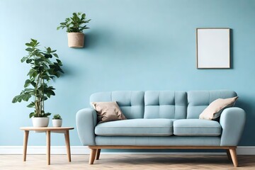 sofa, side table with potted plant against light blue wall with copy space. Scandinavian home interior design of modern living room.  