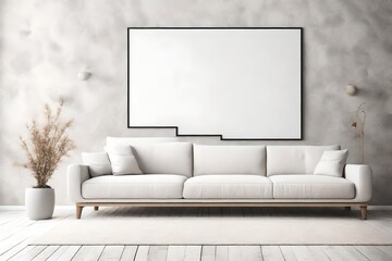 white sofa against window near white wall with stone texture poster. Minimalist interior design of modern living room  