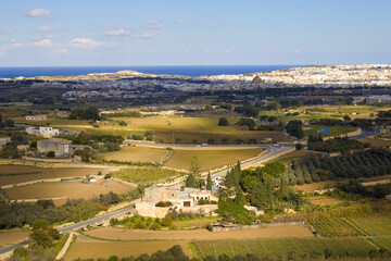 Fototapeta na wymiar Panoramic Malta Viewpoint from walls of Mdina, Malta