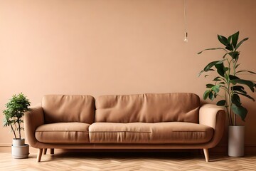 sofa, side table with potted plant against light brown wall with copy space. Scandinavian home interior design of modern living room.  