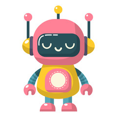Cheerful funny cartoon children's robot. Cute cyborg, futuristic modern bot, android, smiling character in flat vector illustration isolated on white background. Science technology concept.