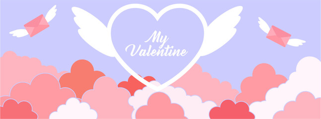 Happy Valentine day. background with birds and clouds. typography poster or banner. Simple vector cover for social network
