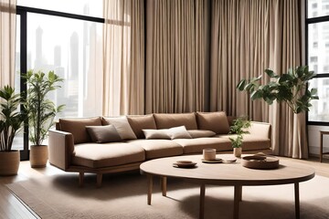 Stylish curved light brown sofa and wooden coffee table near window dressed with beige curtains. Minimalist japandi home interior design of modern living room  