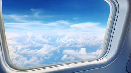 Airplane Window View of Cloudscape and Blue Sky