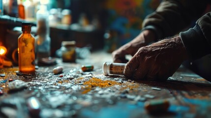 Homeless drug addict in a drug den, end of life, pills, syringes, prohibited substances, addiction, say no to drugs - obrazy, fototapety, plakaty
