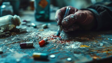 Homeless drug addict in a drug den, end of life, pills, syringes, prohibited substances, addiction, say no to drugs - obrazy, fototapety, plakaty