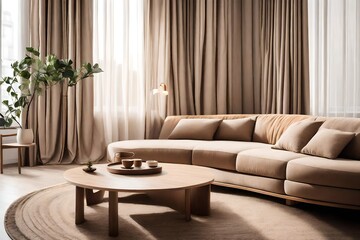 Stylish curved light brown sofa and wooden coffee table near window dressed with beige curtains. Minimalist japandi home interior design of modern living room  