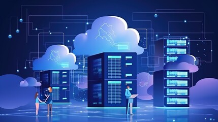 cloud synchronization server center data protection ,Modern cloud technology and network concept.internet data service. Web cloud technology business. network and database, internet center, - obrazy, fototapety, plakaty
