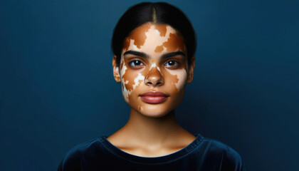 A girl with skin covered with vitiligo spots cheerfully poses. Inclusive and diverse tolerant society concept. - obrazy, fototapety, plakaty