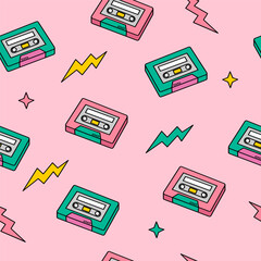 90s cute icons collection. Retro music tape color seamless pattern in doodle style.