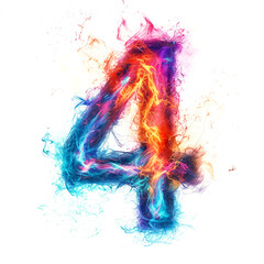 A colorful, flames numeral 4 on a white background. Ai generated.
