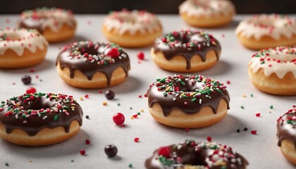 Stack of assorted donuts on colorful background. Color glazed donut with sprinkles. Copy space.