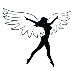 The silhouette of a dancing girl with wings.
