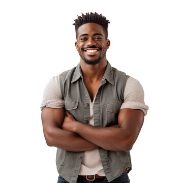Front view of an extremely handsome black african male model dressed as a Artist smiling with arms folded, isolated on a white transparent background.