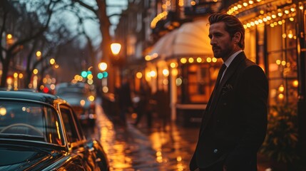 A stylish man of the 20th century, dressed in an old-fashioned suit, stands near a rare classic car, dark rain style