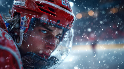 Portrait of a young man ice hockey player in a red helmet and gloves.
