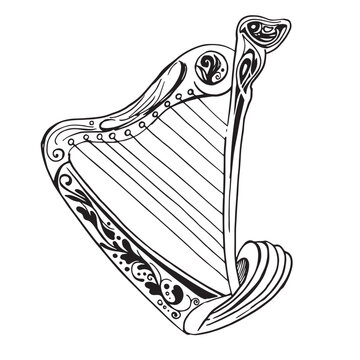 Harp music instrument. Vector sketch black illustration isolated on white background. St patricks day floral elements design. fantasy