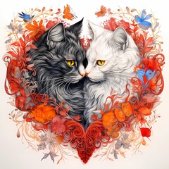 Two cats in a heart shape, black and white cat, picture for postcard