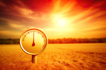 hot temperature,Thermometer on yellow sky with sun shining in summer show higher Weather, concept global warming. - obrazy, fototapety, plakaty