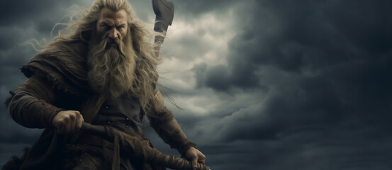 Gray-haired old man, Scandinavian god Odin, is on ship. Viking mythology illustration