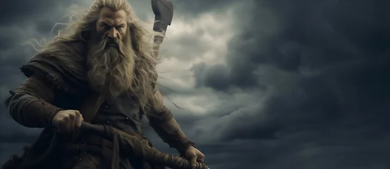 Fotobehang Gray-haired old man, Scandinavian god Odin, is on ship. Viking mythology illustration © horimono