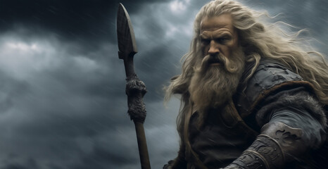 Gray-haired old man, Scandinavian god Odin, is on ship. Viking mythology illustration - obrazy, fototapety, plakaty