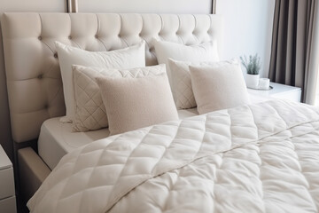 Comfortable bed with soft white pillows and bedding