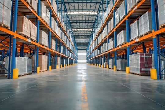 Interior of warehouse. Inside view of a large distribution warehouse. 