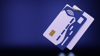 3d illustration of cartoon blue and purple credit cards, front and back side against gradient black background. Minimal concept. 3d illustration highly usable. Technology design. E cash. Black Friday.