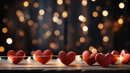 Happy Valentine's Day, wedding, birthday background. Red hearts hang on wooden clothes pegs on a string, with bokeh lights in the background. 