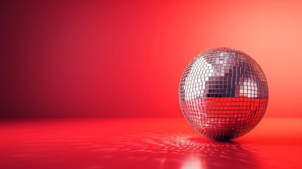 Fototapeta na wymiar Close-Up Of Shiny Disco Ball. Mirror ball on red background 