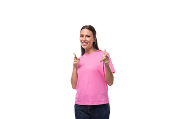 young slender woman dressed in pink cotton t-shirt with print template