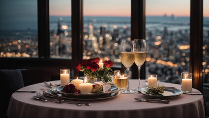 Elegant Valentine's Day background with a candlelit dinner for two. generative AI - obrazy, fototapety, plakaty