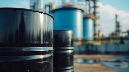 close up shot of black oil can in the background a large oil storage warehouse or industry or silo,one of the world's most traded commodities and is vital to the economy - obrazy, fototapety, plakaty