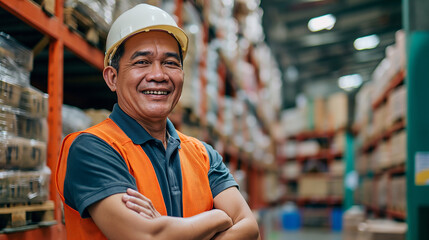 portrait of a middle aged asia storage warehouse worker working in the background a large goods storage warehouse - obrazy, fototapety, plakaty