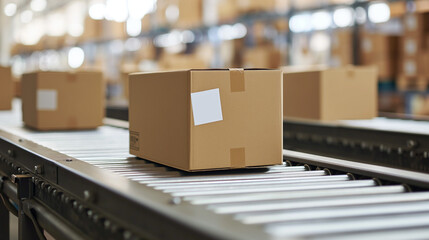 Closeup of multiple cardboard box packages seamlessly moving along a conveyor belt in a warehouse - obrazy, fototapety, plakaty