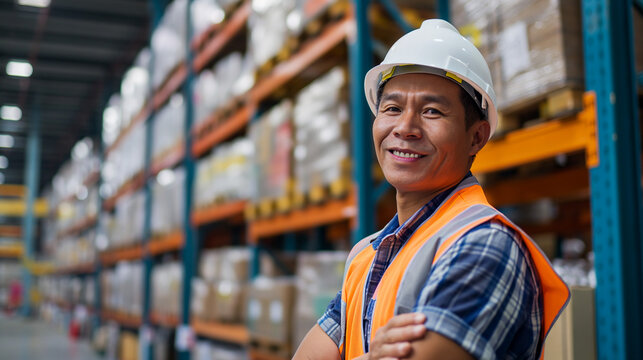 portrait of a middle aged asia storage warehouse worker working in the background a large goods storage warehouse