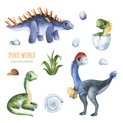 Cute dino world collection. Watercolor composition with plants,stones and cute dinosaurs.Perfect for baby shower,patterns,nursery decorations,invitations,party.	