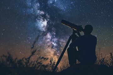Fototapeta na wymiar A guy sitting outside and looking through a big telescope at the night sky full of stars
