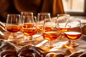 Cognac in glasses on blurred warm interior background. Tasting glasses with aged french cognac brandy in old cellars of cognac producing regions. Party or degustation concept - obrazy, fototapety, plakaty