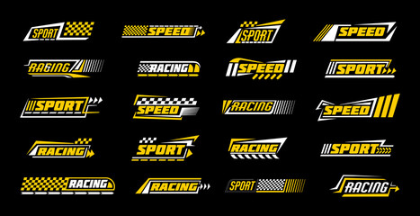 Race car flag. Formula speed sport icon. Stripe decal pattern. Auto rally. Bike racing check badge. Transport motor. Yellow ribbon border. Checkered automobile decoration. Vector design tidy signs set