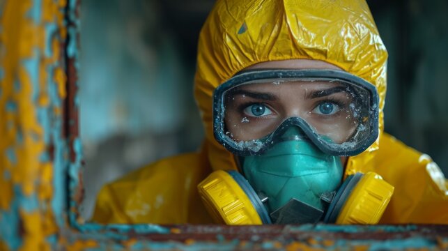woman in a chemical protective suit and respirator