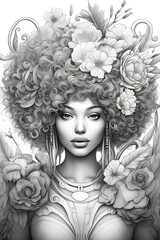 hazme una imagen de una mujer afro, f?sicamente hermosa, coloring page