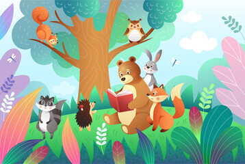 Obraz na płótnie Canvas Forest book. Children magic landscape. Cartoon jungle animal characters. Kids bedtime illustrated fairy tale story. Cute bear reading to wild rabbits and squirrels. Vector tidy childish illustration