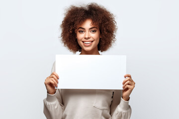 Cheerful young african american woman holding white sheet of paper