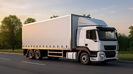 Mobile Advertising Canvas: White Cargo Truck on the Highway. Blank Truck Mockup.