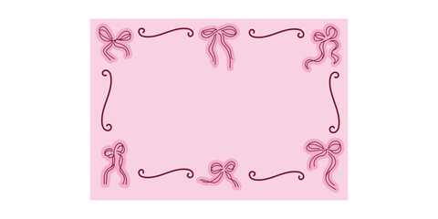 Glamour girly frame template for text. Isolated. Trendy style, pink and red bows. Background horizontal frame feminine greeting card design. Modern y2k.